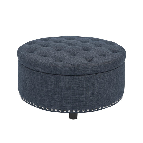 English Elm Tufted Linen Square Ottoman with Lift Top Storage Nailhead Trim Living Room Dark Blue B2748P481672