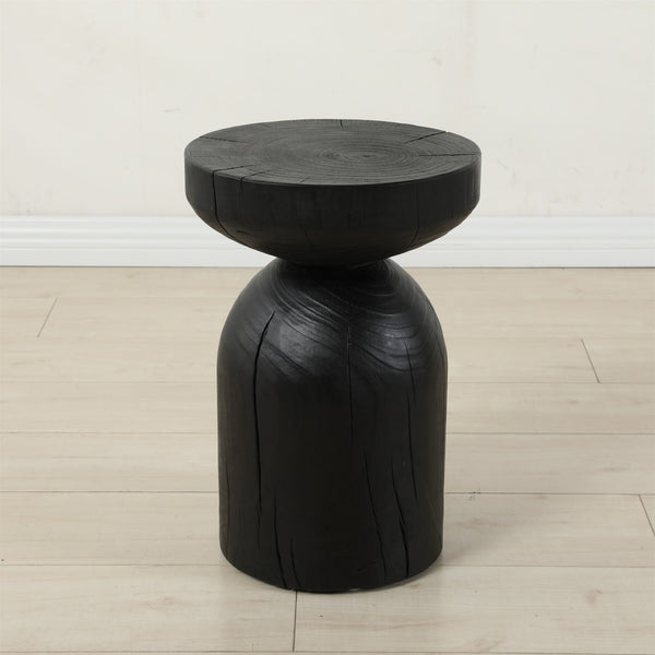 English Elm Solid Mango Wood Round Accent Table Hand Burned Finish Sculptural Plant Stand Nightstand W347P430101
