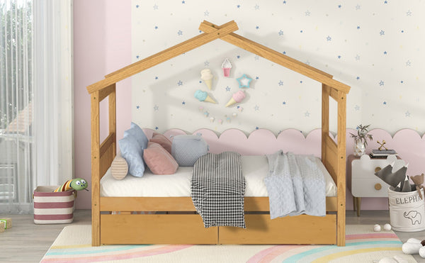 English Elm Twin House Bed Solid Pine Kids Cottage Frame with Storage Drawers Imaginative Room N708P309247M