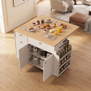 English Elm Kitchen Rolling Cart with Black Marble Top Drop Leaf Drawers and Spice Rack Storage White B2764S00003