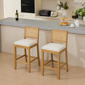 English Elm Full Solid Wood Rattan-Back Bar Stools Set Of 2 - Stylish Beige Cushions For Rustic Kitchen & Café W1143P384367