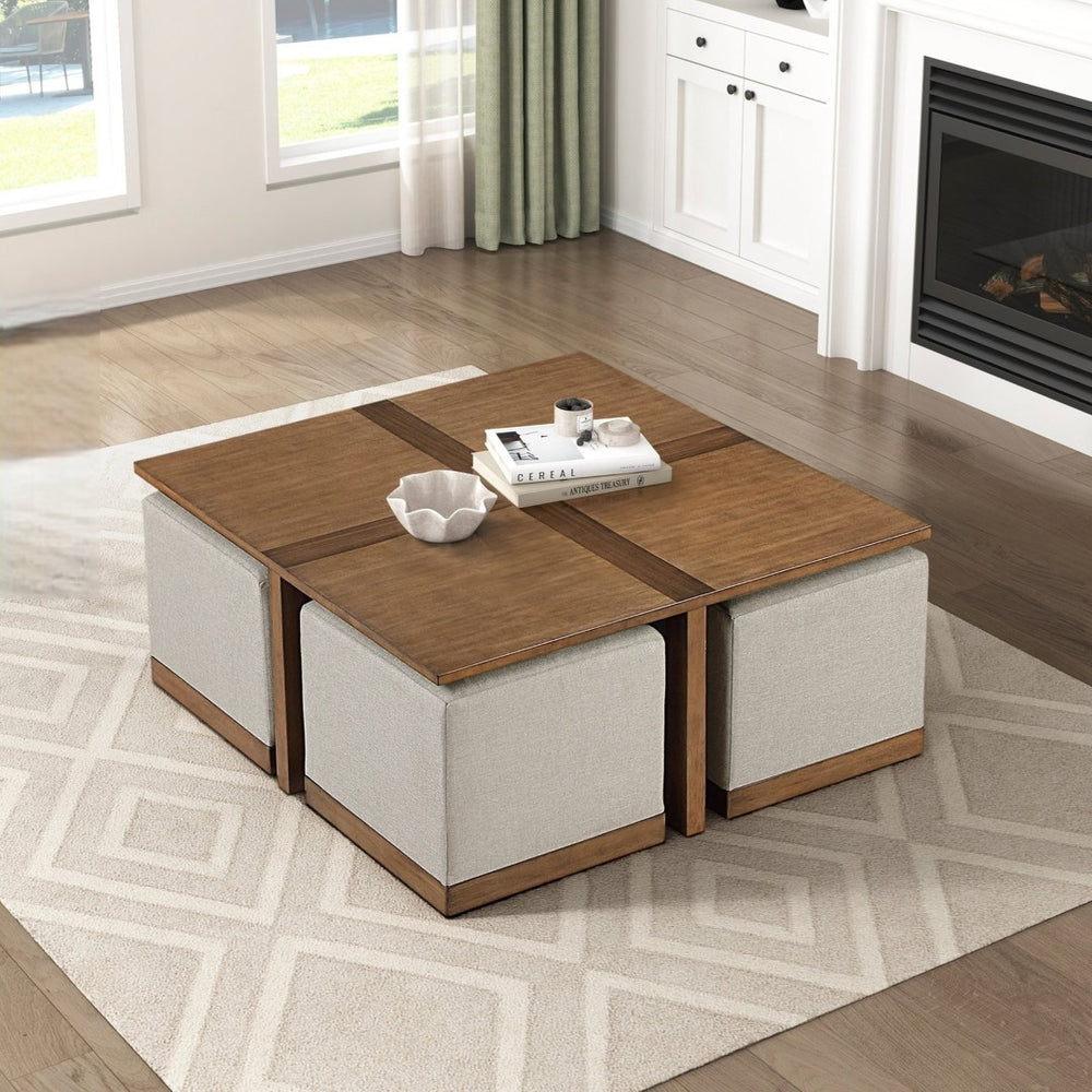 English Elm Contemporary Square Coffee Table with Four Hidden Upholstered Stools Walnut Veneer Inlay B011P459315