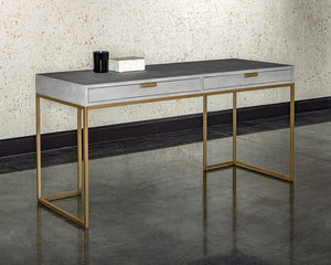 Sunpan Jiro Desk - Stylish Grey Shagreen with Antique Brass Hardware, Elegant Design & Ample Storage Space
