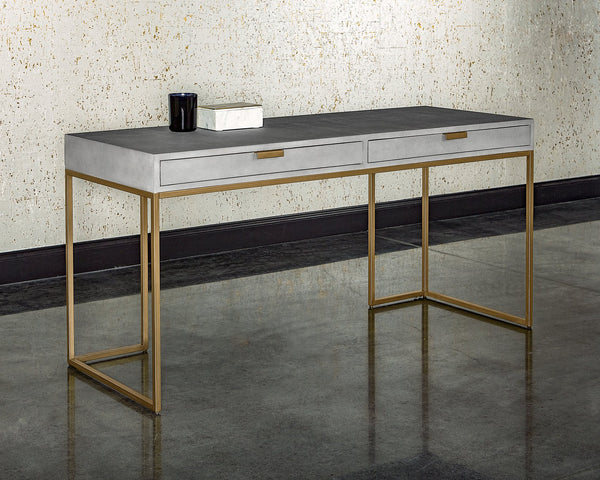 Sunpan Jiro Desk - Stylish Grey Shagreen with Antique Brass Hardware, Elegant Design & Ample Storage Space