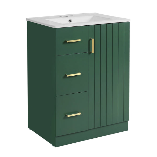English Elm 24" Modern Bathroom Vanity with Under-Mount Sink, Vertical Stripe Design, 2 Drawers & Soft-Close Cabinet Green N710P288936F