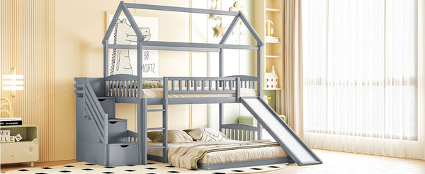 English Elm Twin Over Full Bunk Bed Playhouse Frame with Slide Staircase and Storage Drawers LT100129AAE