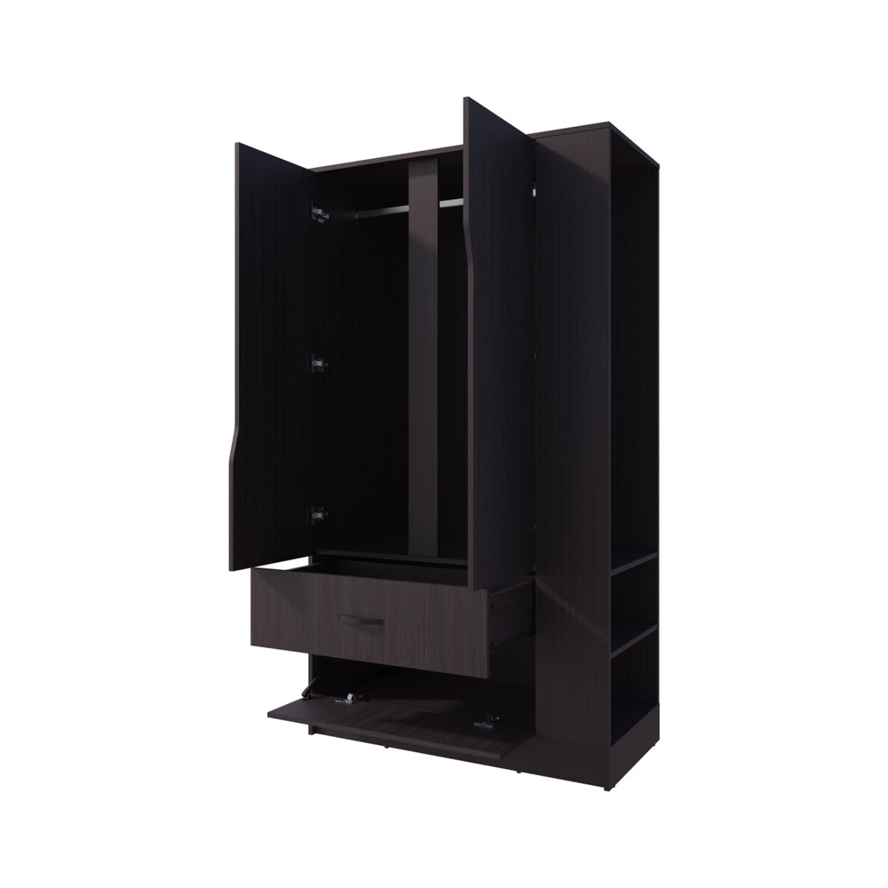 English Elm Sehili Spacious 3-Door Wardrobe with Drawer, Side Shelves & Dual Hanging Rods, Scratch-Resistant Wenge B128S00187