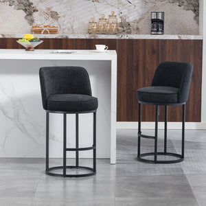 English Elm Counter Height Barstools Set of 2 Linen Upholstered Barrel Seat with Iron Legs Black W395P410438