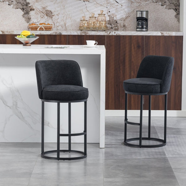 English Elm Counter Height Barstools Set of 2 Linen Upholstered Barrel Seat with Iron Legs Black W395P410438