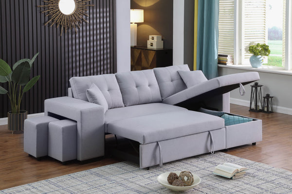 English Elm Dino Linen Tufted Sleeper Sectional with Reversible Chaise Storage and Two Ottomans Light Gray B2749S00202