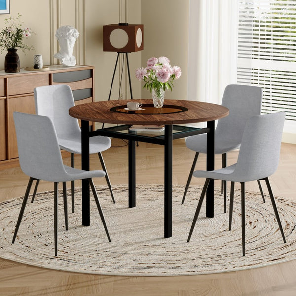 English Elm Table and Chair Set 42 Inch Round Wood Grain Dining with 4 Linen Cushioned Seats Brown+Black,Light Gray W1151S04485