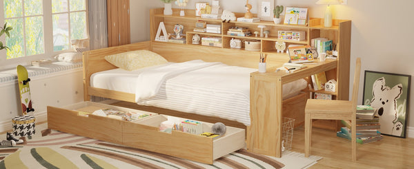 English Elm Wooden Twin Daybed with Built-In Desk, Side Shelves and Dual Drawers for Smart Space Saving Natural 54.9 L x 18.75 W x 5.6 H N733S241484M