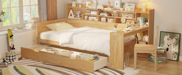English Elm Wooden Twin Daybed with Trundle Built-in Desk and Open Shelves for Kids Rooms N733S373381M