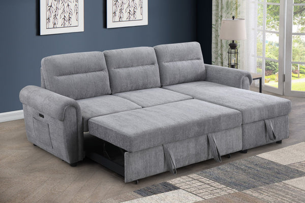 English Elm Ugo Chenille Sleeper Sectional Sofa with Storage Chaise and Built-in Usb Charging Ports Light Gray B2749S00070