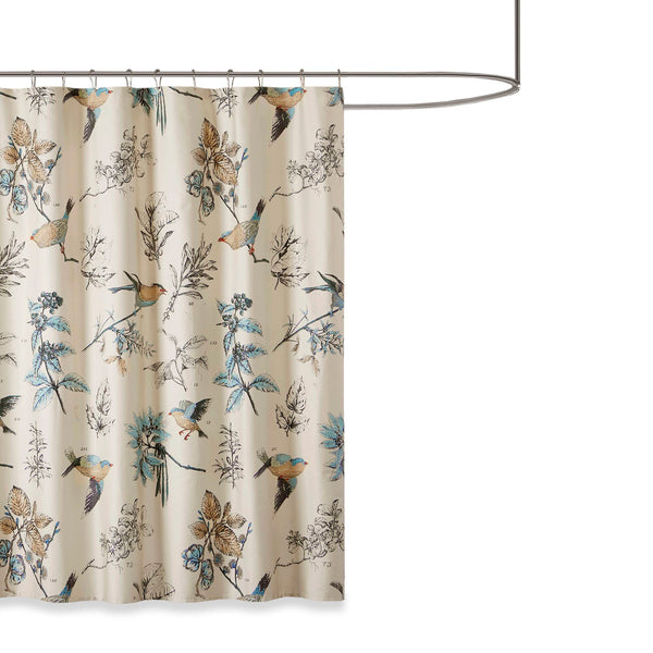 JLA Home Madison Park - Printed Cotton Twill Shower Curtain with Floral & Bird Motif on Khaki — Soft, Durable, Machine Washable MP70-4246