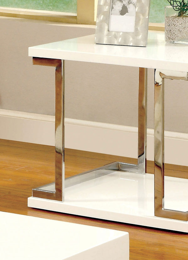 English Elm Contemporary White End Table with Chrome Frame accents, High-Gloss Lacquer Shelf, 23.6" Square, Modern Appeal B011S01029