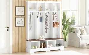 English Elm Farmhouse Hall Tree with Triple Arch Back Panel Eight Hooks Drawers and Entryway Bench White N721S000075K