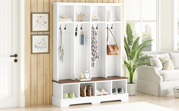 English Elm Farmhouse Hall Tree with Triple Arch Back Panel Eight Hooks Drawers and Entryway Bench White N721S000075K