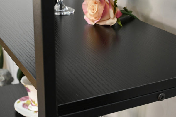 English Elm Natural Rattan Bookshelf with Matte Black Frame Open Display and Closed Storage Cabinet W2263P395493