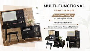 English Elm Modern Makeup Vanity Desk with LED 3-Color Mirror, Built-In Power Station, Sliding Cabinet, Stool Black N844P288432B