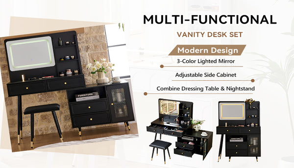English Elm Modern Makeup Vanity Desk with LED 3-Color Mirror, Built-In Power Station, Sliding Cabinet, Stool Black N844P288432B