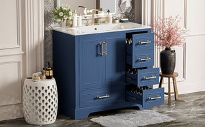 English Elm 36" Traditional Bathroom Vanity with Ceramic Sink, Solid Wood Cabinet, Soft-Close Doors & Drawers Blue N729P251630C
