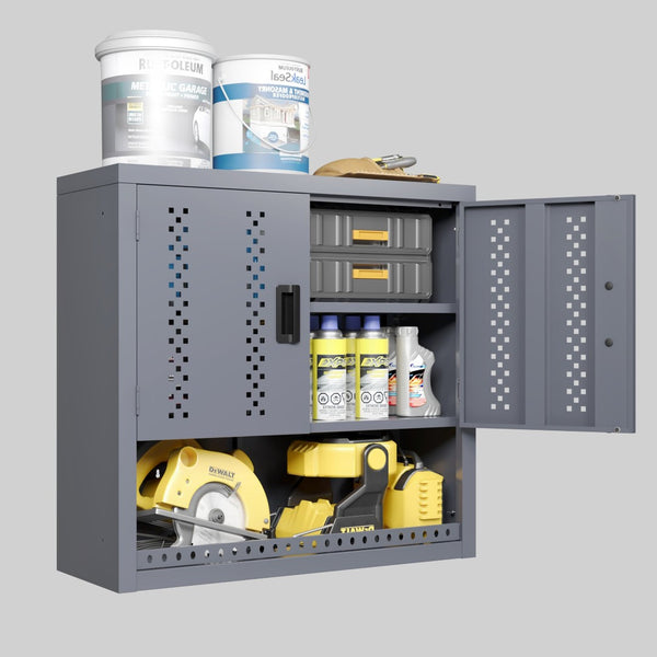 English Elm Metal Wall Mounted Cabinet Gray Powder Coated Floating Storage for Garage Workshop W396P305780
