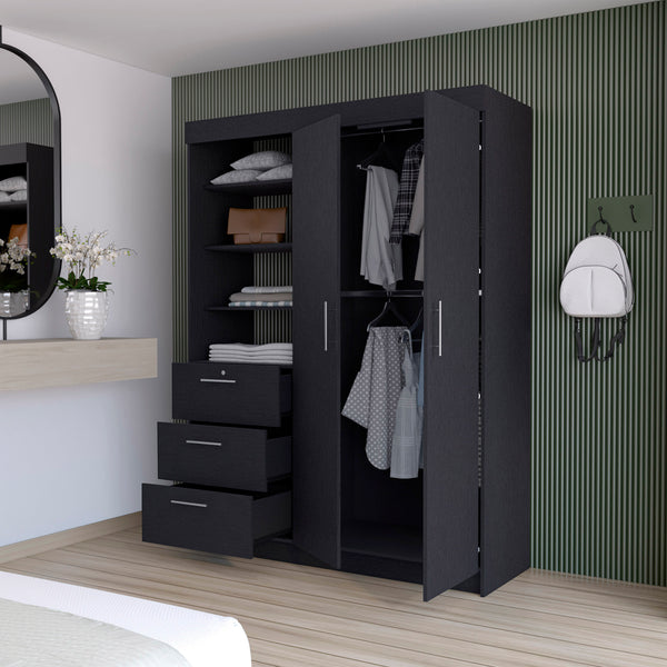 English Elm Tempe Black 3-Drawer Armoire with 3-Tier Display Shelves, 2-Door Closet Space & Metal Handles B128S00119