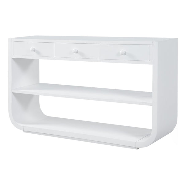 English Elm [video] Sculptural Console Table Pine Wood Curved Legs Soft-close Drawers Open Shelving Entryway White N759P433560K