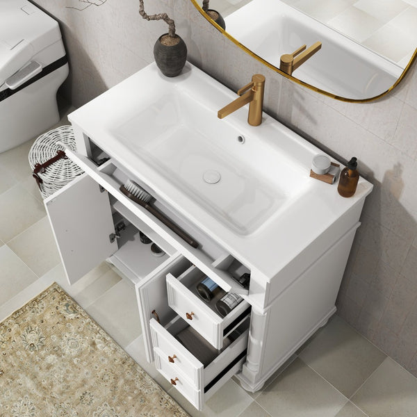 English Elm 35.6" Freestanding Bathroom Vanity with Roman Column Base and Ceramic Integrated Sink W1801S00009