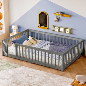 English Elm Twin Floor Bed Solid Pine Frame with Guardrails and Door for Safe Kid Sleep W1580P433578
