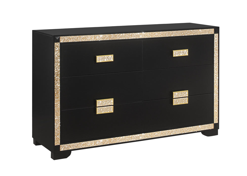 English Elm LIVELY Glam Chest with Gold Accents, Solid Wood & MDF Construction, Glitter Detail, Spacious Drawers Black 66 L x 20.25 W x 38 H B201P289718