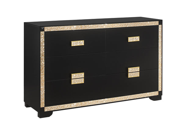 English Elm LIVELY Glam Chest with Gold Accents, Solid Wood & MDF Construction, Glitter Detail, Spacious Drawers Black 66 L x 20.25 W x 38 H B201P289718