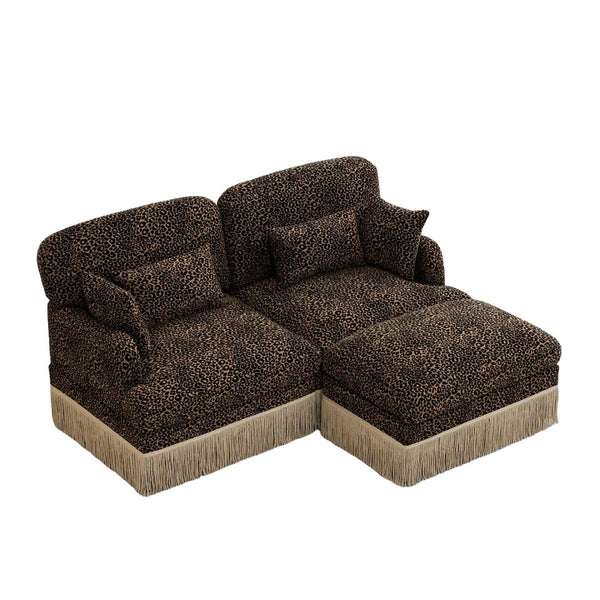 English Elm Comfy Chenille Leopard Print Loveseat with Tassel Trim Movable Ottoman Living Room Brown W5656S00011