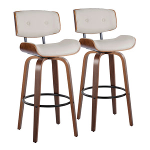 English Elm Lombardi Mid-Century 30" Fixed-Height Swivel Barstools, Walnut & Cream Faux Leather, Set of 2 B202S00611