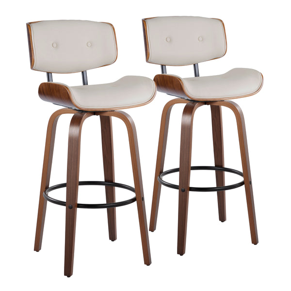 English Elm Lombardi Mid-Century 30" Fixed-Height Swivel Barstools, Walnut & Cream Faux Leather, Set of 2 B202S00611