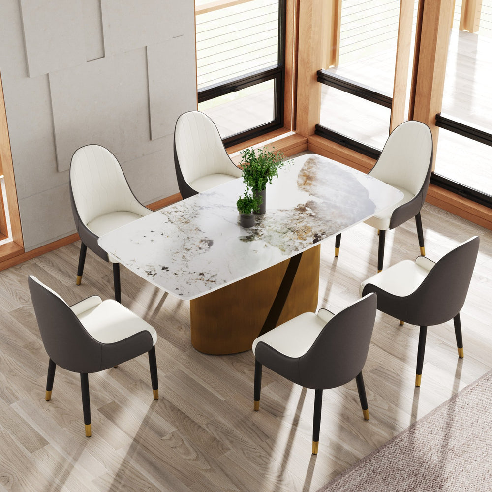 English Elm 70.86" Modern Curved Pandora Dining Table - Marble White Sintered Stone With Bronze Iron Legs, 6-8 Seats W1535S00360