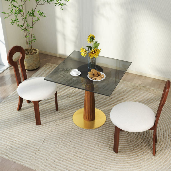 English Elm Modern Square Dining Table - 33.5" Glass Top With Wooden Legs & Gold Base For Small Spaces, 2-Person W1535S00572