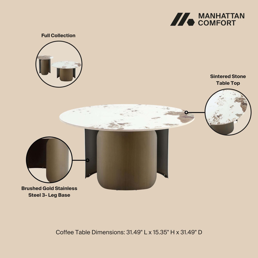 English Elm Monica Modern Sintered Stone Coffee Table with Bronze Stainless Steel Base, 31.5" Round Top, Sleek Design B365S00057