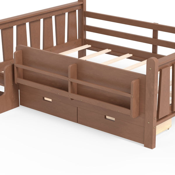 English Elm Twin Kids Platform Bed with Trundle Staircase Bookshelf and Rounded Safety Rails Natural W1580S00540