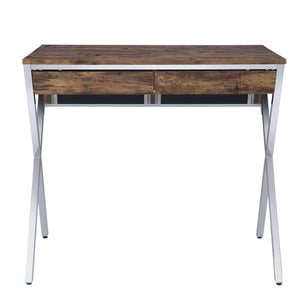 English Elm Weathered Oak Rustic Writing Desk with 2 Spacious Drawers and Chrome X-Leg Support for Stylish Offices B062P186500