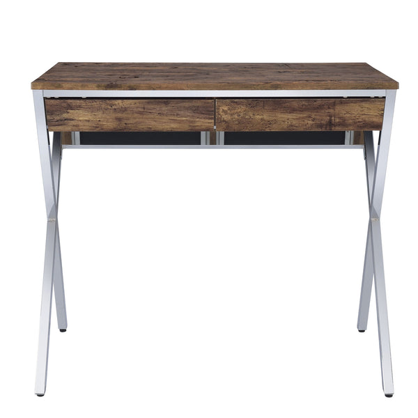 English Elm Weathered Oak Rustic Writing Desk with 2 Spacious Drawers and Chrome X-Leg Support for Stylish Offices B062P186500