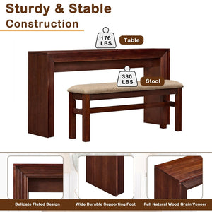 English Elm Fluted Counter Height Dining Set Narrow Bar Console with Upholstered Stool Retro Wood Cherry W1202P330886
