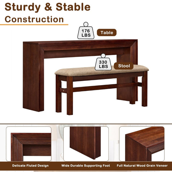 English Elm Fluted Counter Height Dining Set Narrow Bar Console with Upholstered Stool Retro Wood Cherry W1202P330886