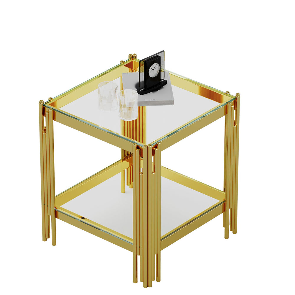 English Elm Top Gold Double-Tier Tempered Glass End Table with Mirror-Finish Stainless Steel Frame, Luxe Storage W1241P244704