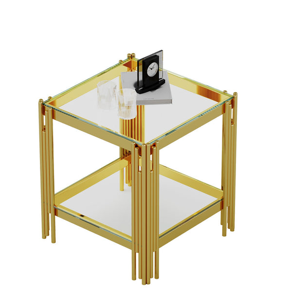 English Elm Top Gold Double-Tier Tempered Glass End Table with Mirror-Finish Stainless Steel Frame, Luxe Storage W1241P244704