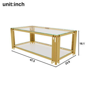 English Elm Modern Glam Rectangular Coffee Table with Mirrored Top Gold Sculptural Frame Open Shelf Transparent N735P380101K