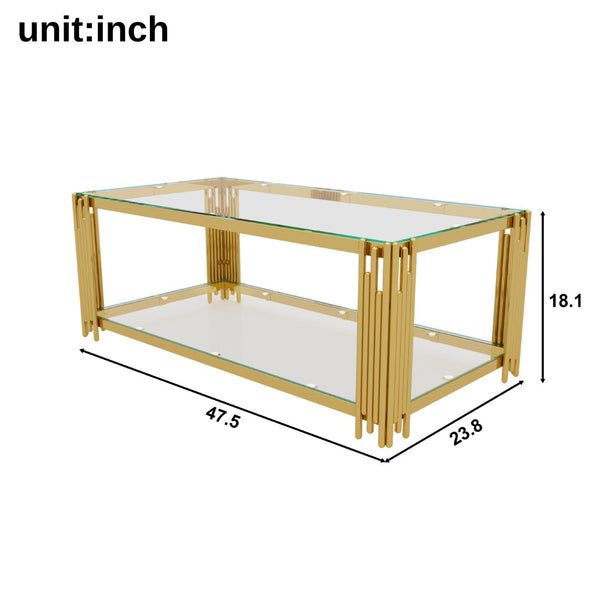 English Elm Modern Glam Rectangular Coffee Table with Mirrored Top Gold Sculptural Frame Open Shelf Transparent N735P380101K