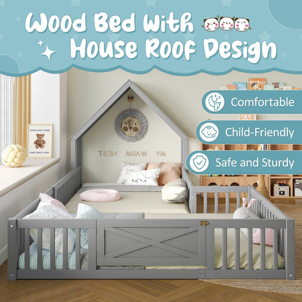 English Elm Full House Floor Bed with Door and Guardrails for Kids, Solid Wood Double Full, Safe Play Nook Grey W1580P354640