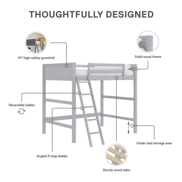English Elm Denver Full Size Loft Bed with Ladder & Guardrails, Gray Wood Space-Saving Design for Kids Rooms B2733P384490